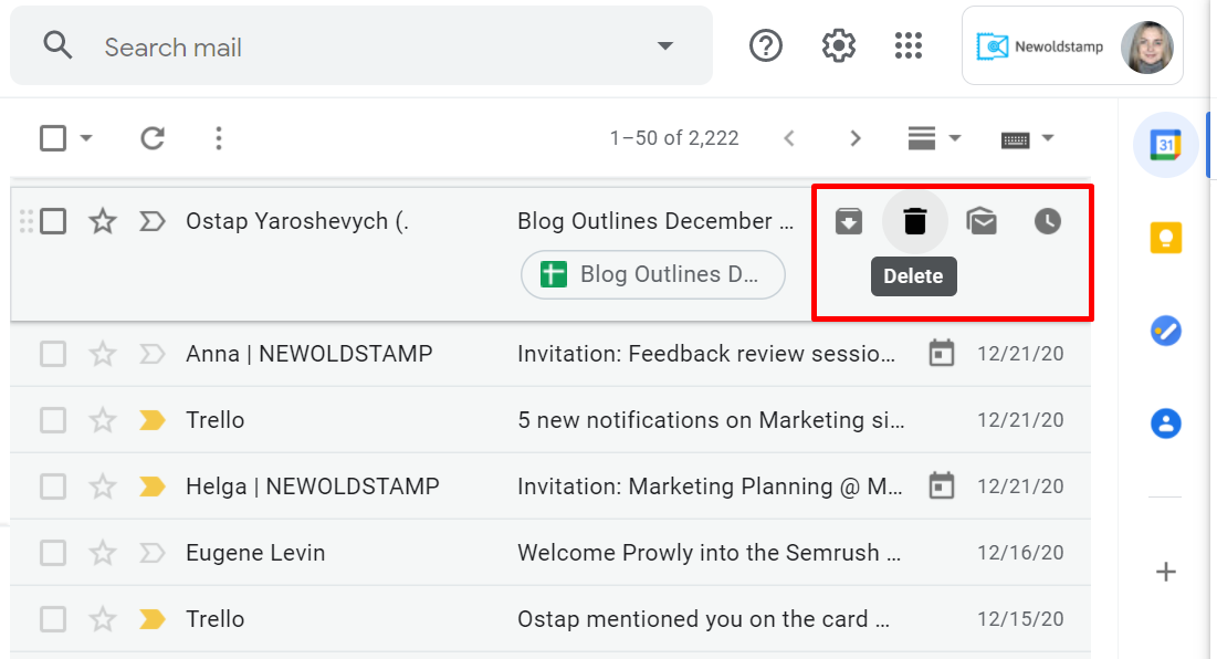 Gmail hızlı işlem düğmeleri