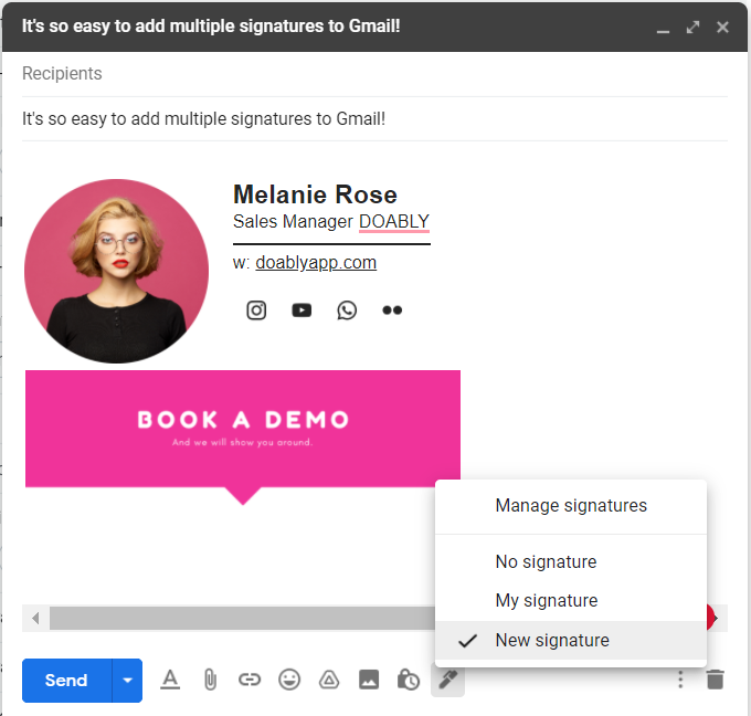 Birden çok Gmail imzasından birini seçme