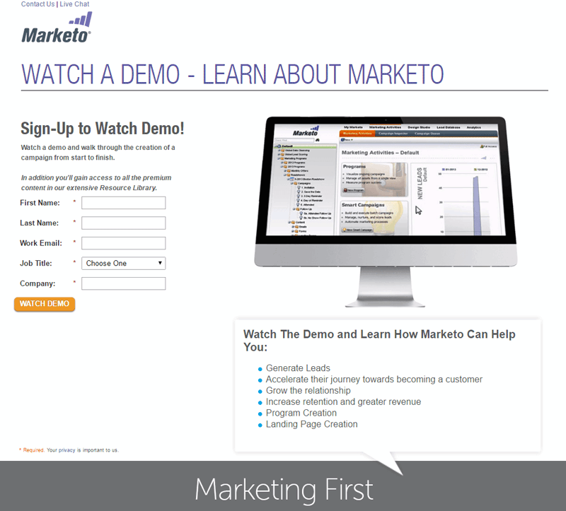 demo pendaratan marketo