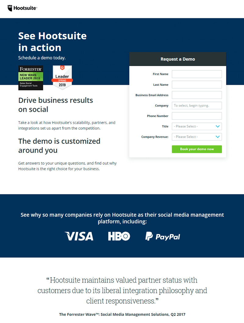 Exemplo de página de demonstração do Hootsuite