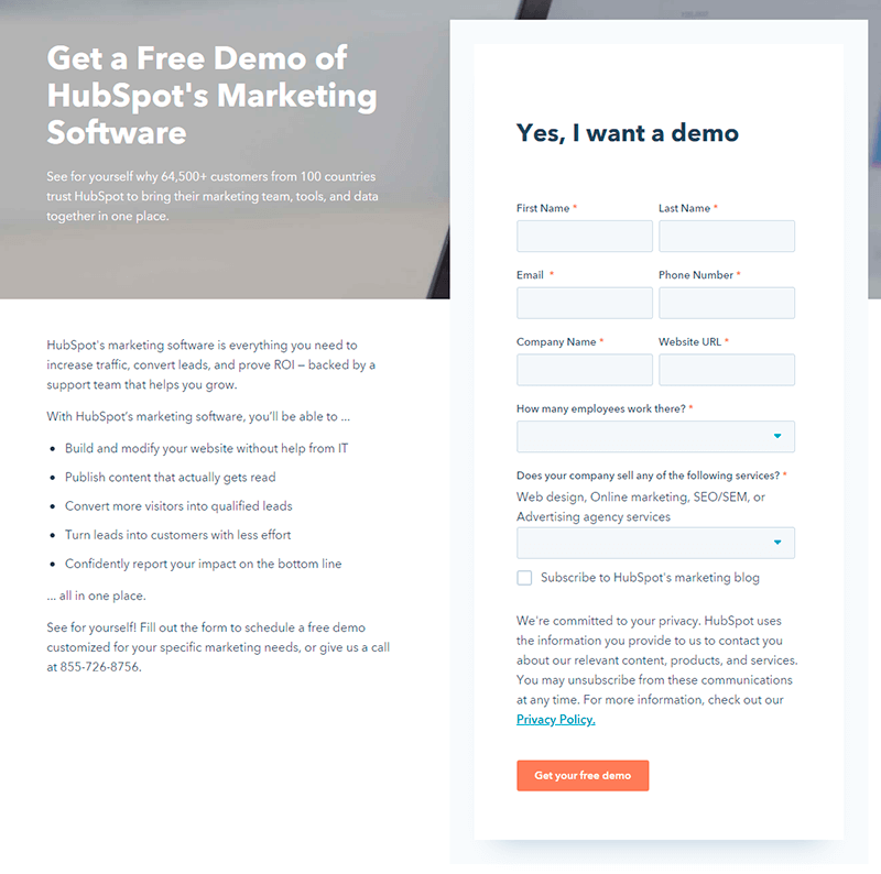HubSpot solicita uma página de demonstração