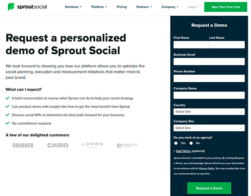 Página de solicitação de demonstração do SproutSocial