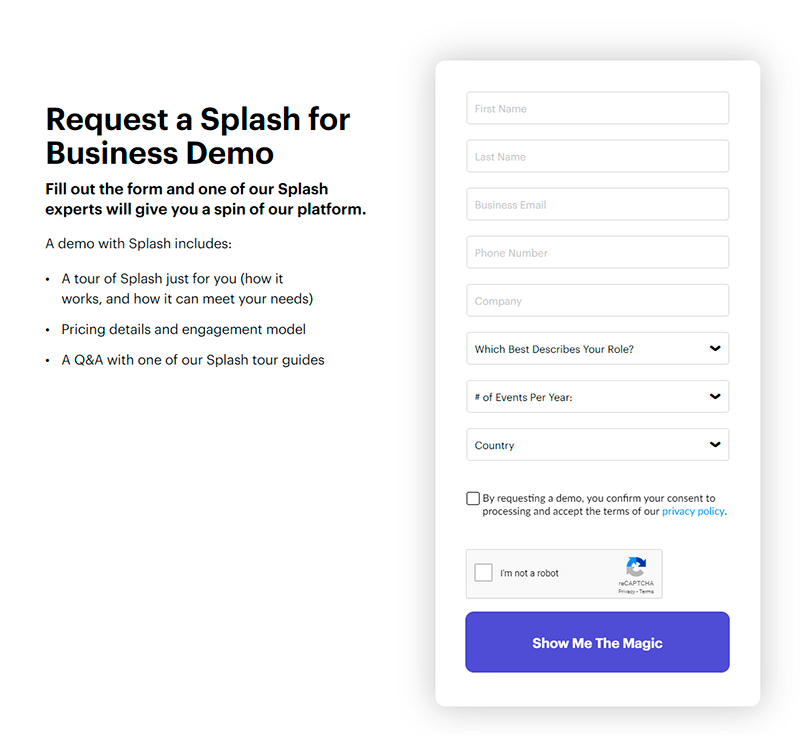 Exemplo de página de solicitação de demonstração do Splash