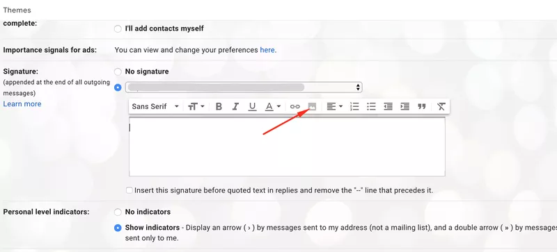 Clique no ícone inserir imagem Assinatura do Gmail
