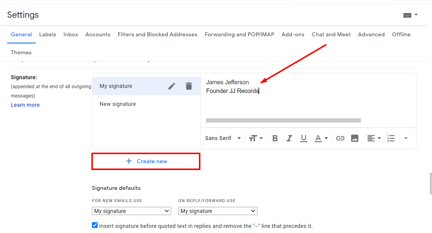 Crearea manuală a unei semnături de e-mail