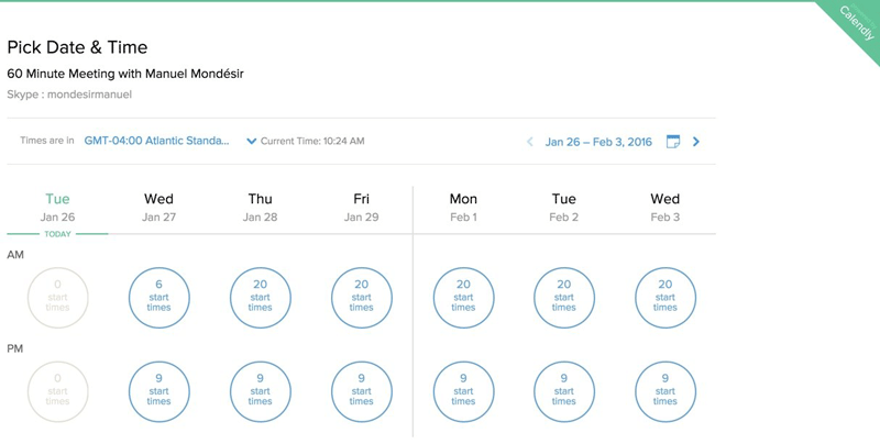 Ecranul instrumentului Calendly