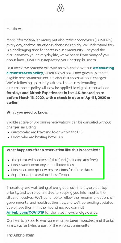 E-mail di Airbnb sul coronavirus