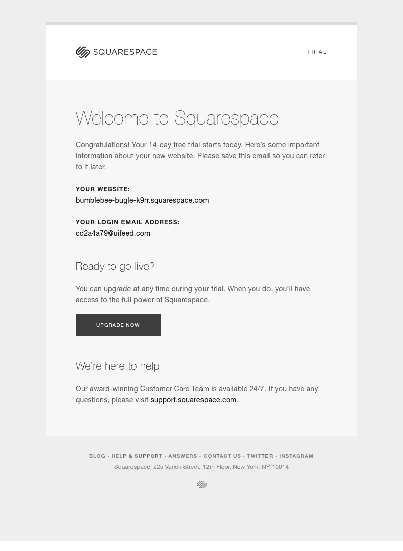 Tela de e-mail de boas-vindas