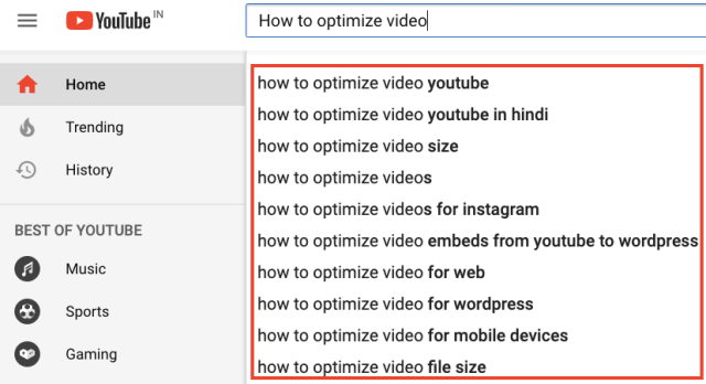 Fonctionnalité de recherche de saisie semi-automatique YouTube :
