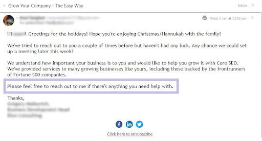 Esempio di sensibilizzazione tramite e-mail a freddo di Hunter