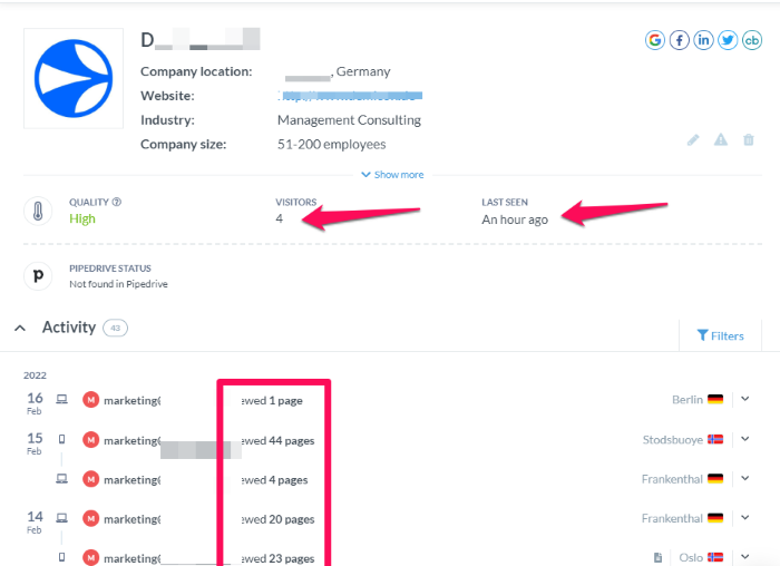 Leadfeeder ABM 示例,用於網站訪問者 IP 跟踪