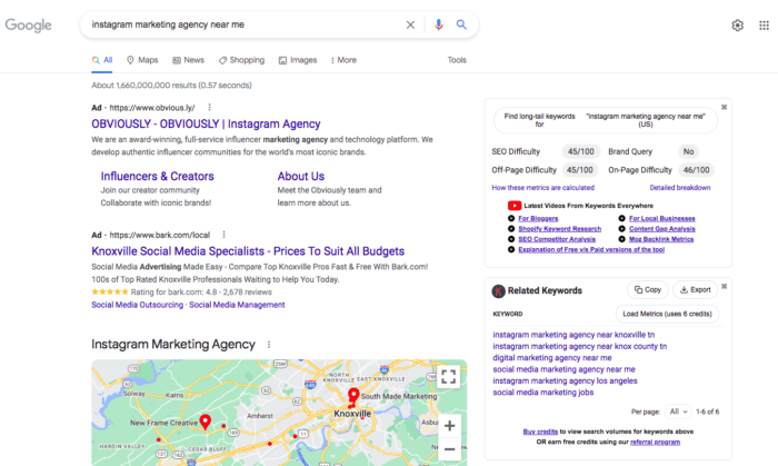 capture d'écran de la recherche d'emplacement de l'agence de marketing Google instagram