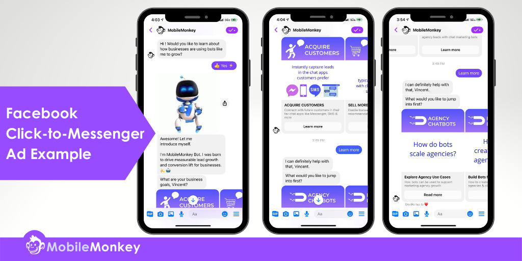 Exemplos de anúncios do Facebook Messenger: anúncio clique para o Messenger