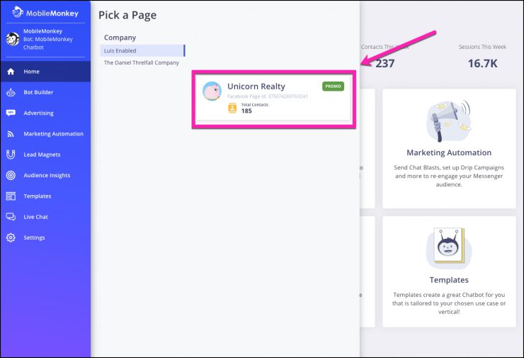 cara membuat chatbot - pilih halaman