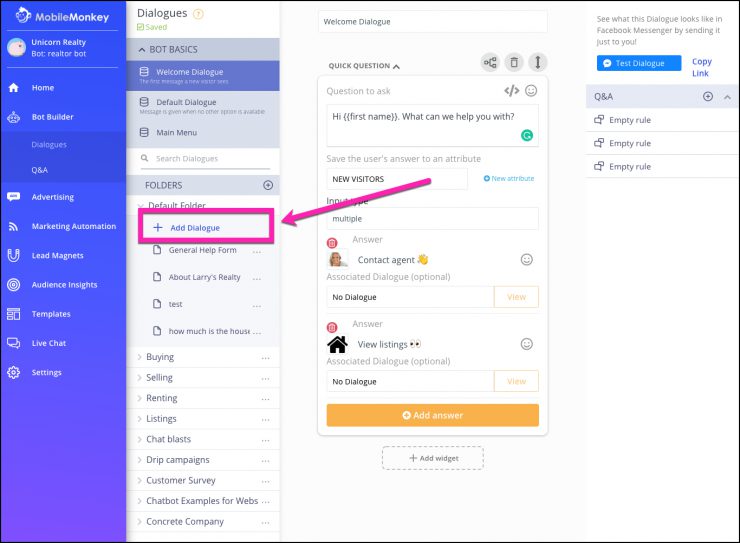 cara membuat chatbot - tambahkan dialog