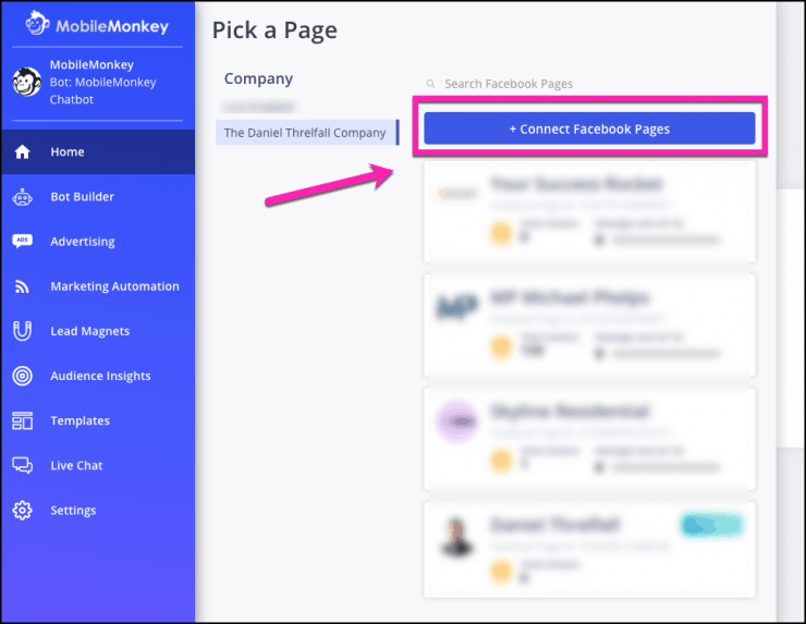 cara membuat chatbot - pilih halaman Facebook