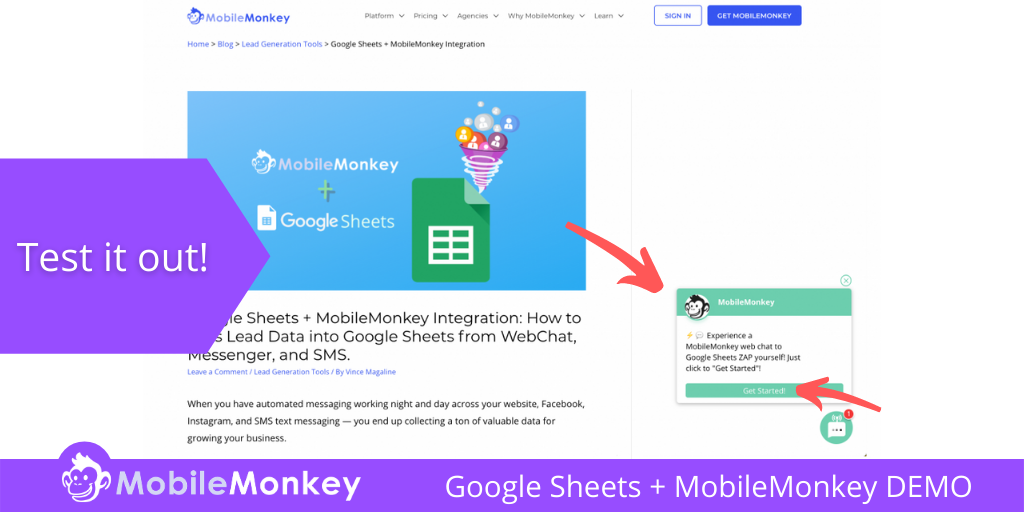 Demonstração do Planilhas Google + MobileMonkey