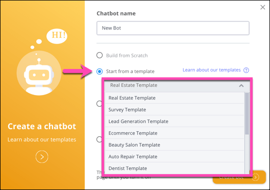 porniți un nou șablon de chatbot