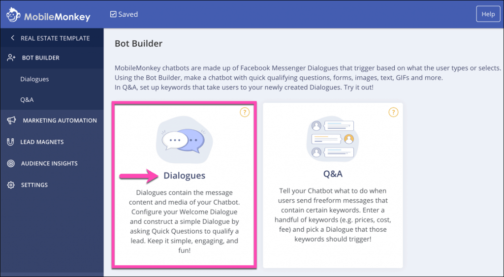 intrați în bot builder și alegeți dialog