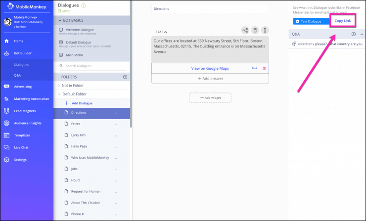 ลิงค์สนทนาช่องทาง Facebook Messenger