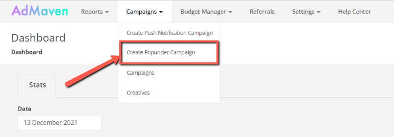 criando uma campanha popunder no admaven