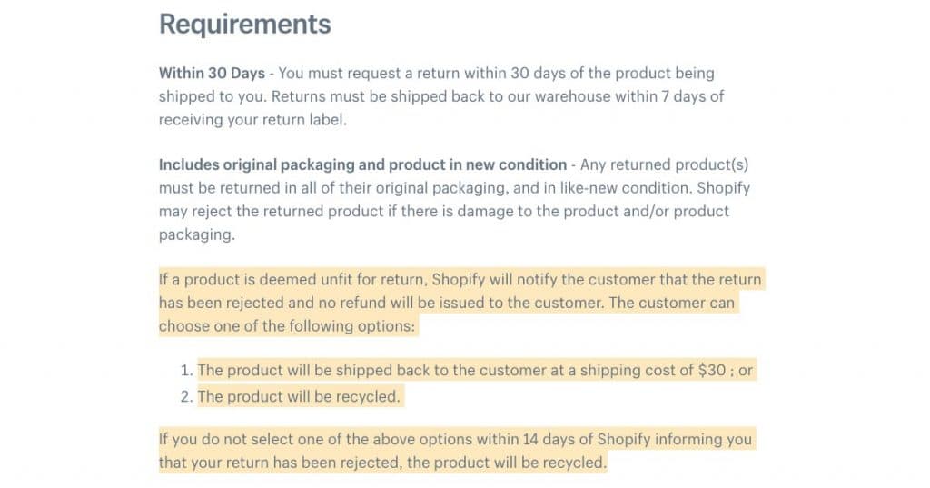 Политика возврата Shopify