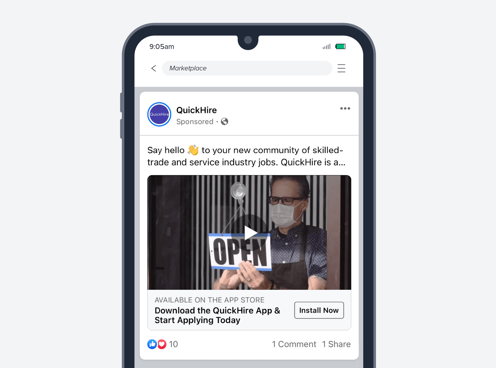Zrzut ekranu reklamy instalacji aplikacji Quickhire