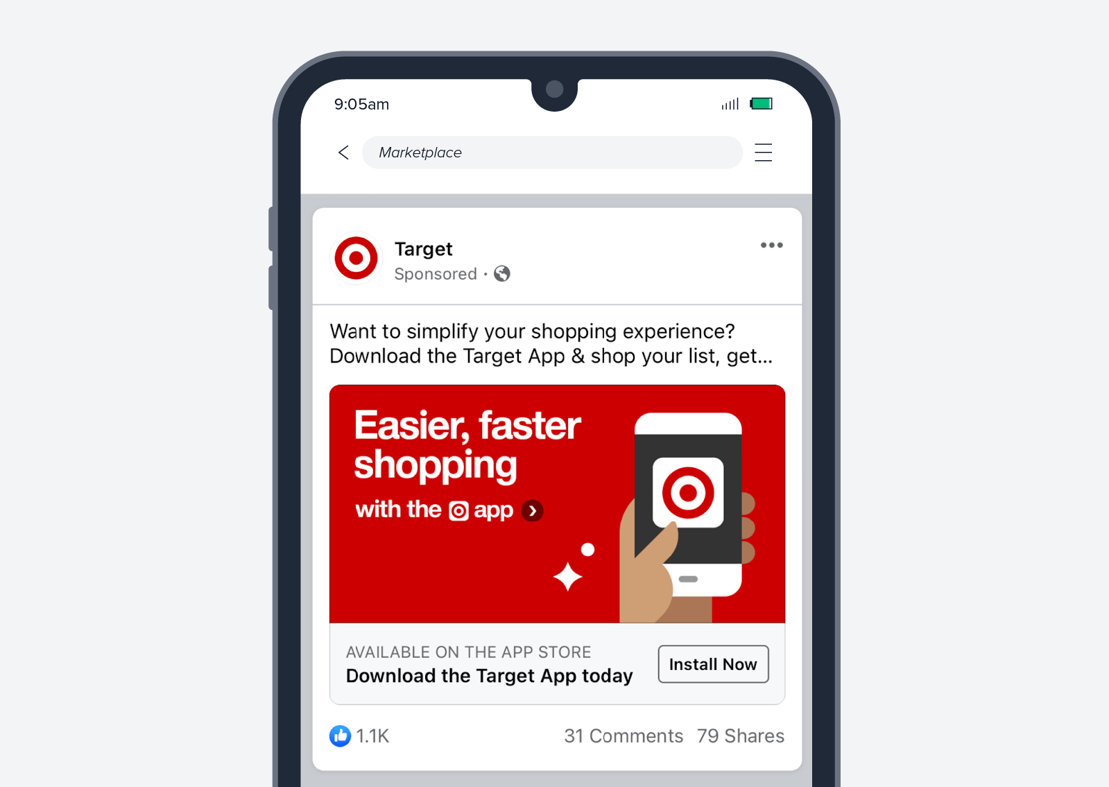 Zrzut ekranu reklamy docelowej instalacji aplikacji