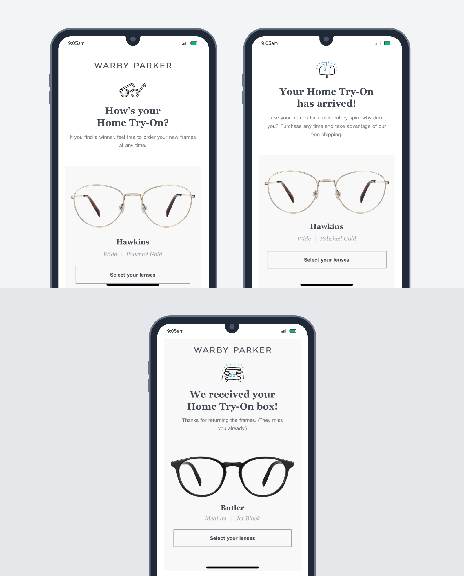 Warby Parkers solicita al usuario que complete las compras