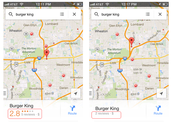 การให้คะแนนและดาวของ Burger King ในแอป Google Maps - คำบรรยายสีแดง