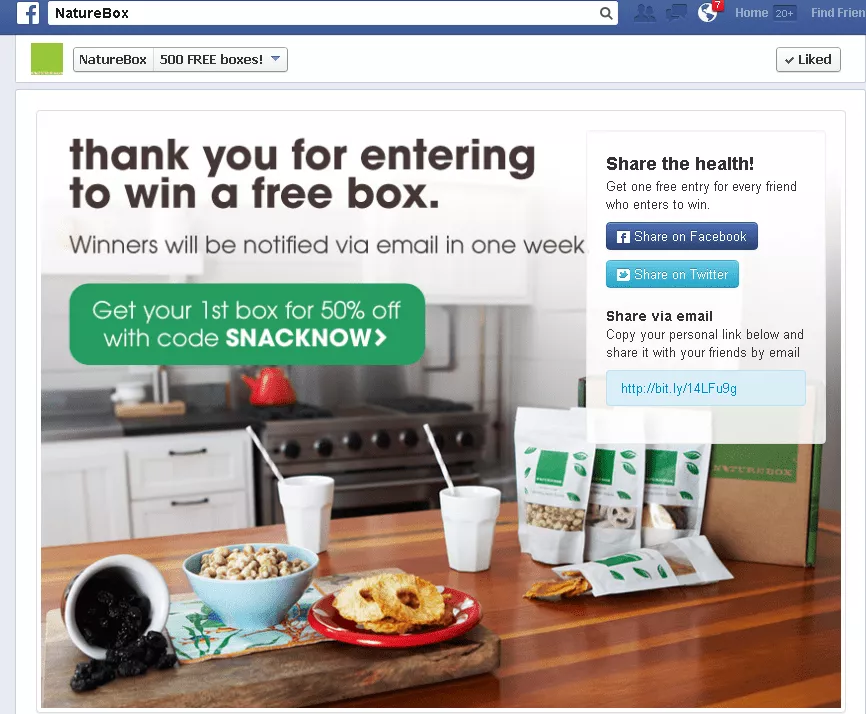 NatureBox Facebook App thank you page example