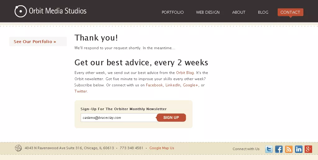 Orbit Media Studios thank you page example