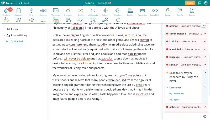 ProWritingAid-Screenshot mit mit Rechtschreibfehlern übersätem Schreiben