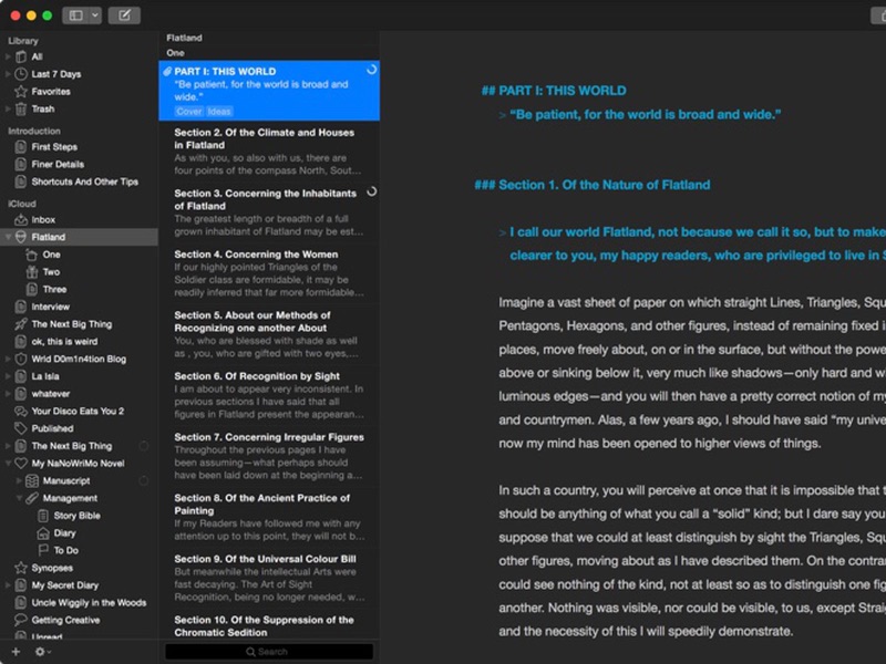 Ulysses-App für Schriftsteller mit dem Text von „Flatland“ von Edwin Abbott Abbott