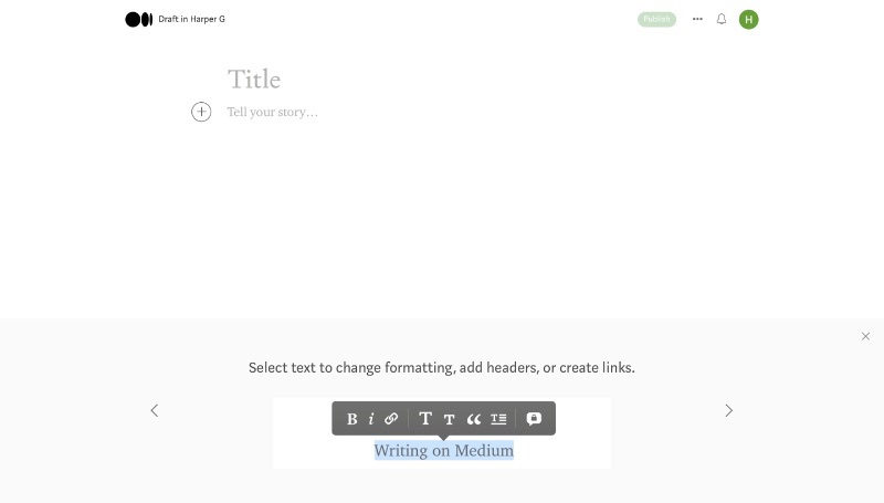 Leeres Dokument, das im Medium-Editor geschrieben wird
