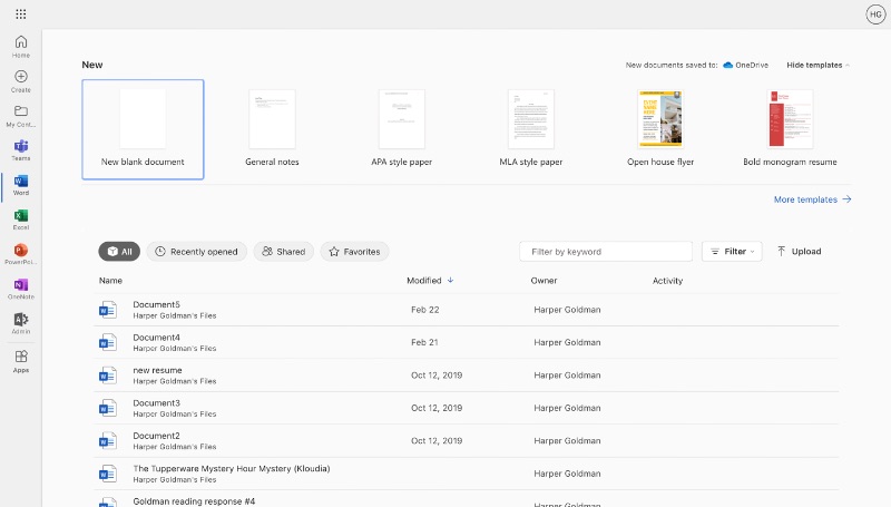 MS Office Online-Dashboard mit Liste der letzten Dokumente
