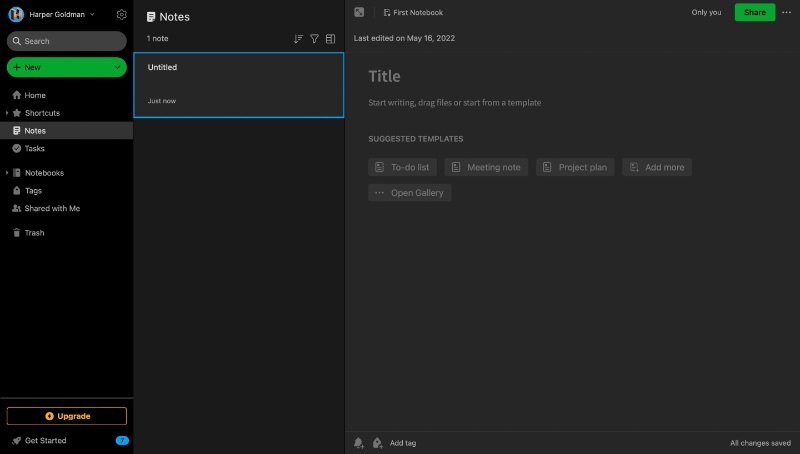 Screenshot einer leeren Notiz in Evernote
