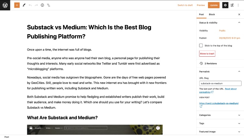 Screenshot eines Artikels, der Substack und Medium vergleicht und in der WordPress-Web-App geschrieben wurde