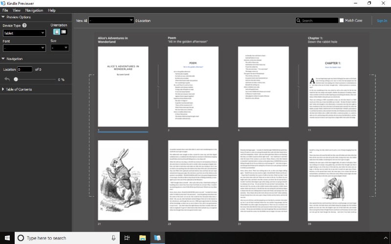 Vorschaufenster von Kindle Direct Publishing mit dem E-Book-Dokument „Alice im Wunderland“.