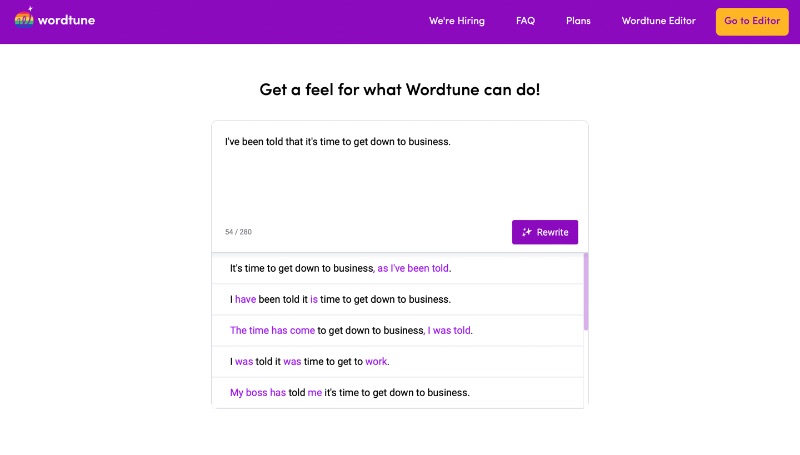 Rewrite-Tool auf der Wordtune-Website