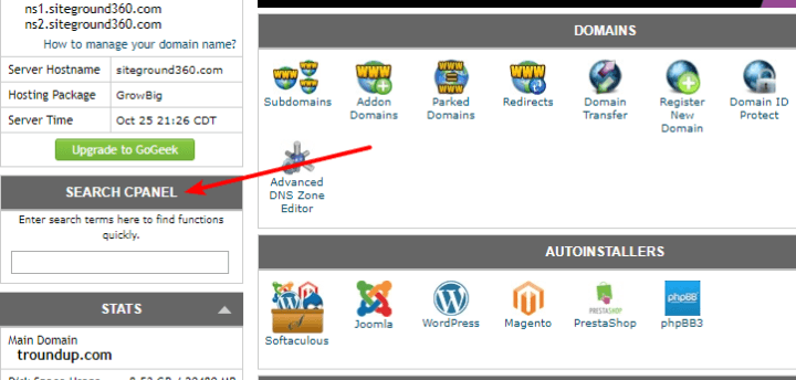 wyszukiwanie funkcji cpanel