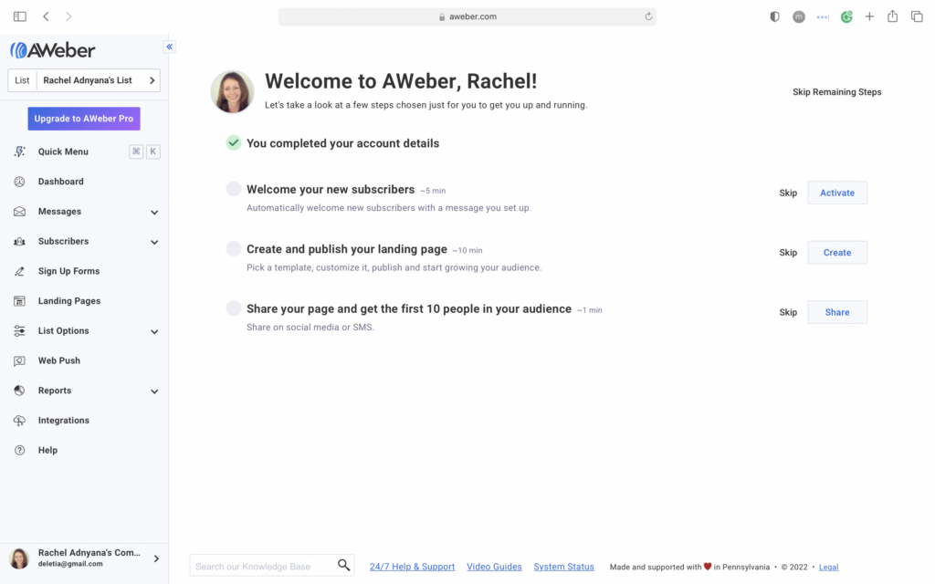 Tabloul de bord Aweber