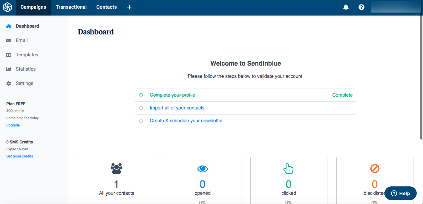 Tabloul de bord Sendinblue