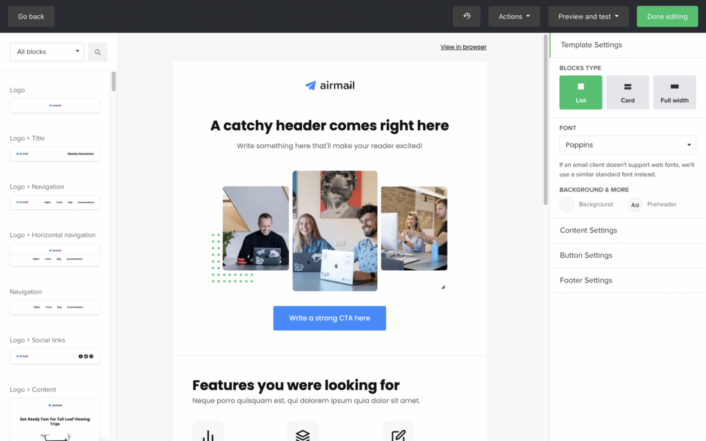 Editor de e-mail MailerLite