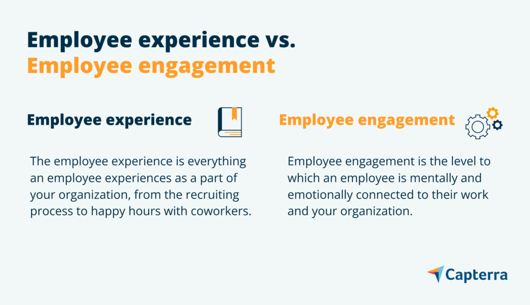 Eine Grafik, die den Unterschied zwischen Employee Experience und Employee Engagement erklärt