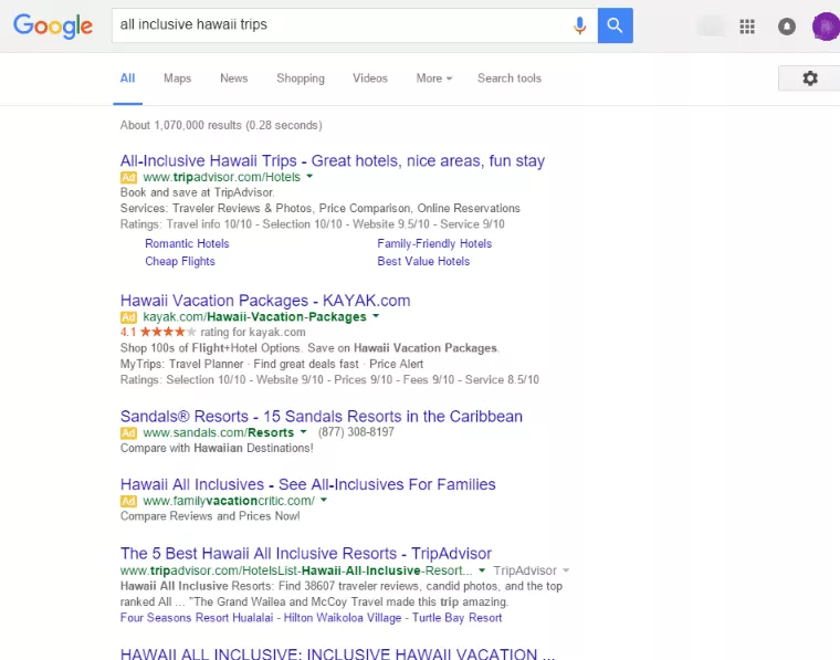 Google elimina los anuncios del lado derecho - todo incluido viaje a hawaii serp 2