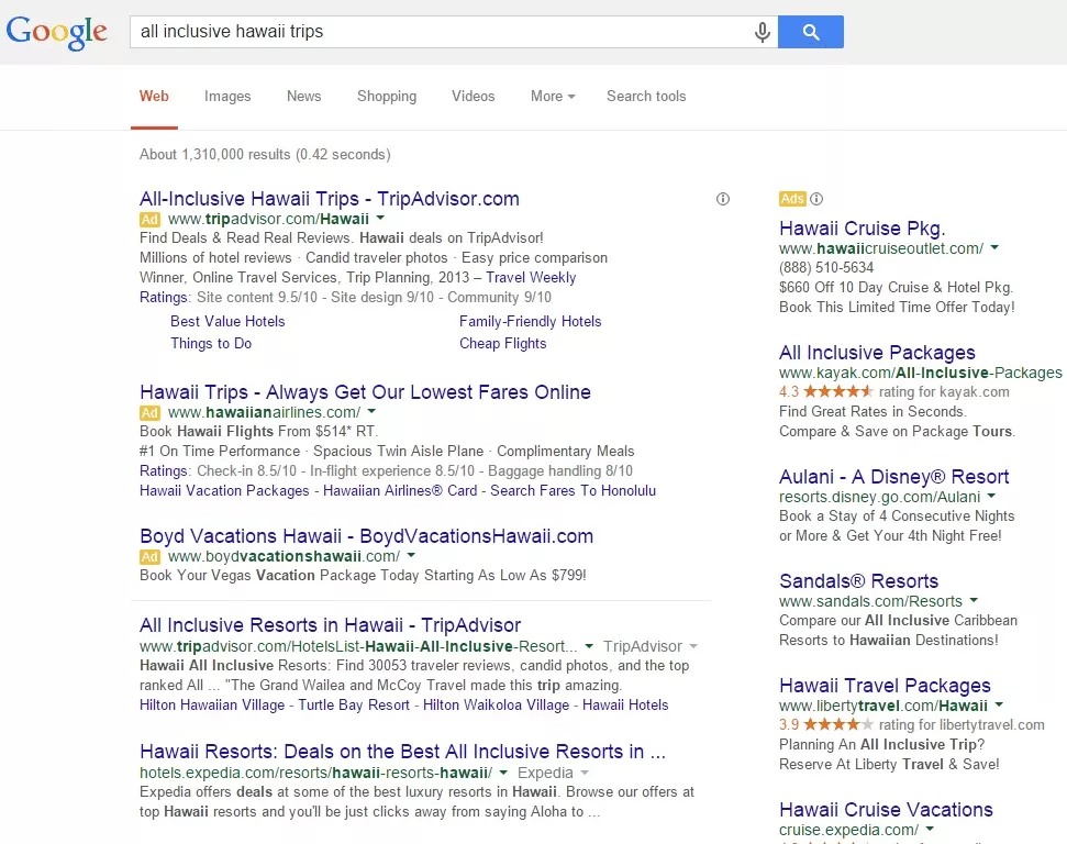 Google elimina los anuncios del lado derecho - todo incluido viaje a hawaii serp
