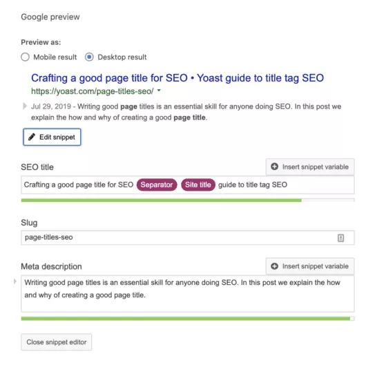 Captura de pantalla del editor de fragmentos de Yoast SEO.