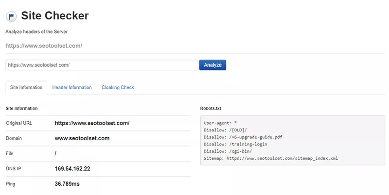 Herramienta Site Checker en SEOToolSet.