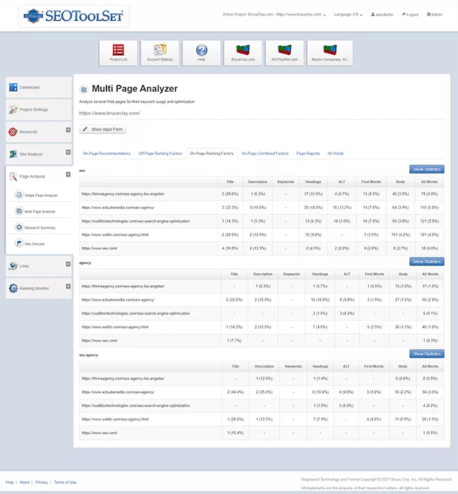 Factores de clasificación en la página en la herramienta SEOToolSet MultiPage Analyzer.